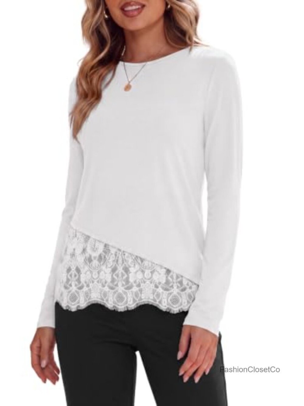 Women's Lace Patchwork Long Sleeve Stretchy Knit Asymmetric Hem Tunic Top - Picture 1 of 6